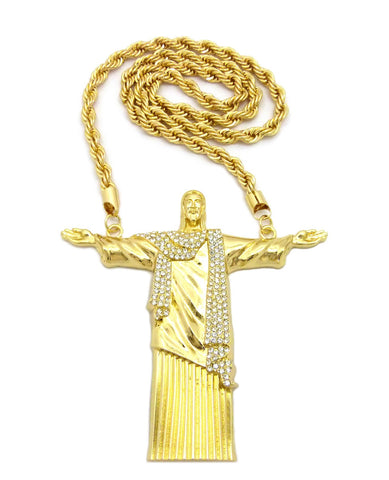 Nyfashion101 Stone Stud Christ The Redeemer Figure W/ 8mm 30" Rope Chain Necklace In Gold-Tone