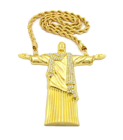 Nyfashion101 Stone Stud Christ The Redeemer Figure W/ 8mm 30" Rope Chain Necklace In Gold-Tone