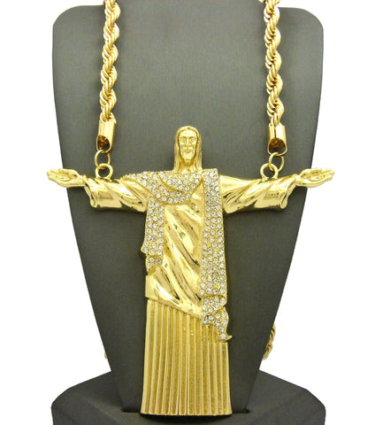 nyfashion101 Stone Stud Christ the Redeemer Figure w/ 8mm 30" Rope Chain Necklace in Gold-Tone