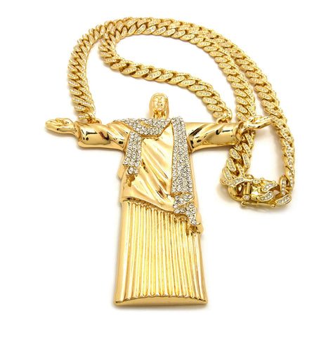 Nyfashion101 Stone Stud Christ The Redeemer Pendant With 12mm 30" Iced Out Cuban Chain Necklace In Gold-Tone