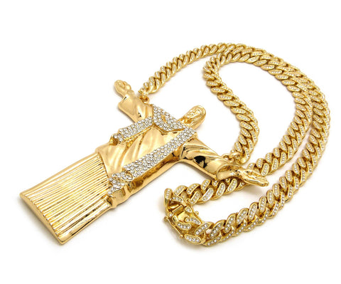 Nyfashion101 Stone Stud Christ The Redeemer Pendant With 12mm 30" Iced Out Cuban Chain Necklace In Gold-Tone