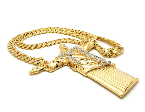 Nyfashion101 Stone Stud Christ The Redeemer Pendant With 12mm 30" Iced Out Cuban Chain Necklace In Gold-Tone