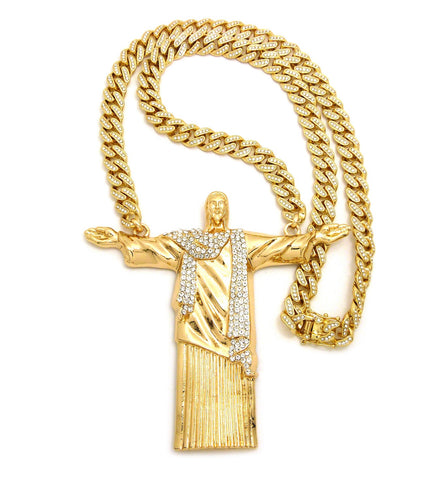 nyfashion101 Stone Stud Christ the Redeemer Pendant with 12mm 30" Iced Out Cuban Chain Necklace in Gold-Tone nyfashion101 Stone Stud Christ the Redeemer Pendant with 12mm 30" Iced Out Cuban Chain Necklace in Gold-Tone