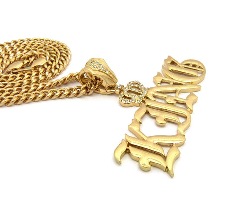 Nyfashion101 Stone Stud Crown Calligraphic KING Pendant W/6mm 24" Cuban Chain Necklace Gold-Tone