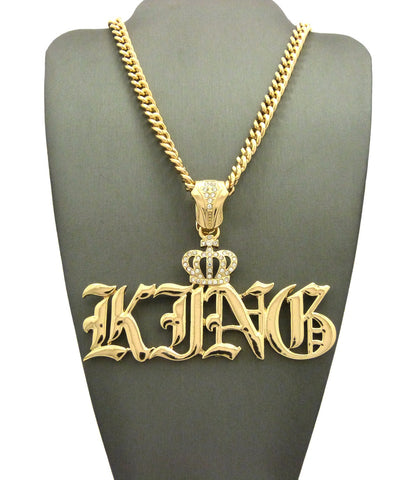 Nyfashion101 Stone Stud Crown Calligraphic KING Pendant W/6mm 24" Cuban Chain Necklace Gold-Tone