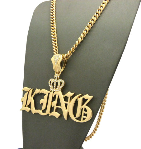 Nyfashion101 Stone Stud Crown Calligraphic KING Pendant W/6mm 24" Cuban Chain Necklace Gold-Tone