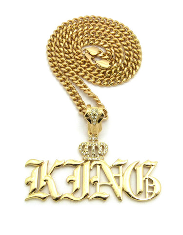 nyfashion101 Stone Stud Crown Calligraphic KING Pendant w/6mm 24" Cuban Chain Necklace Gold-Tone