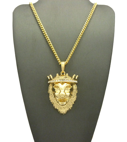 Nyfashion101 Stone Stud Crown King Lion Head Pendant W/ Chain Necklace