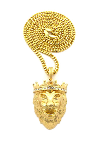Nyfashion101 Stone Stud Crown King Lion Head Pendant W/ Chain Necklace