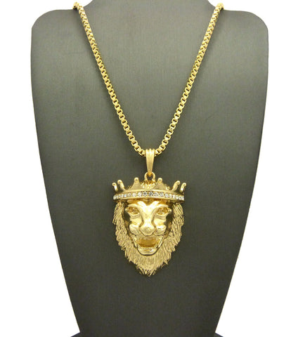 nyfashion101 Stone Stud Crown King Lion Head Pendant w/ Chain Necklace
