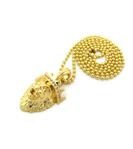 Nyfashion101 Stone Stud Crown King Lion Micro Pendant W/ Chain Necklace - 2mm 24" Gold-Tone Ball Chain