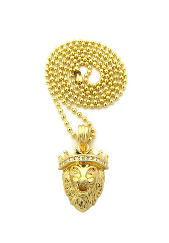 nyfashion101 Stone Stud Crown King Lion Micro Pendant w/ Chain Necklace - 2mm 24" Gold-Tone Ball Chain