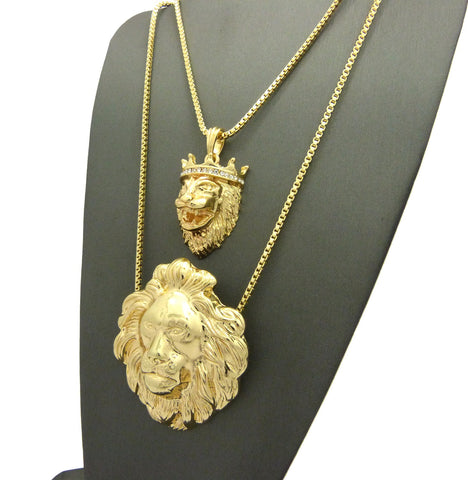 Nyfashion101 Stone Stud Crown Lion & Fierce Lion Head Pendant Set W/ 2mm 24" & 30" Box Chain Necklaces In Gold-Tone