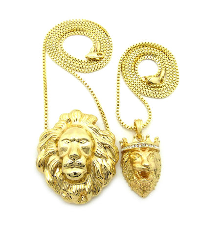 Nyfashion101 Stone Stud Crown Lion & Fierce Lion Head Pendant Set W/ 2mm 24" & 30" Box Chain Necklaces In Gold-Tone