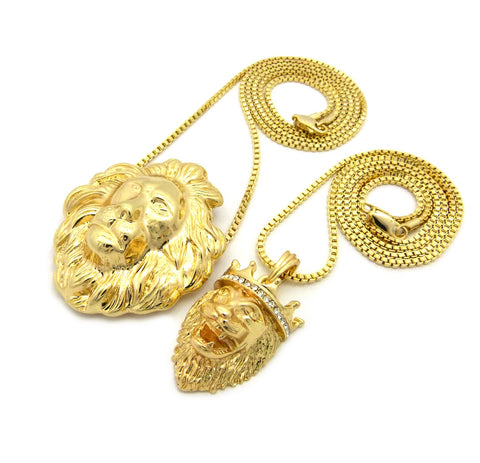 Nyfashion101 Stone Stud Crown Lion & Fierce Lion Head Pendant Set W/ 2mm 24" & 30" Box Chain Necklaces In Gold-Tone