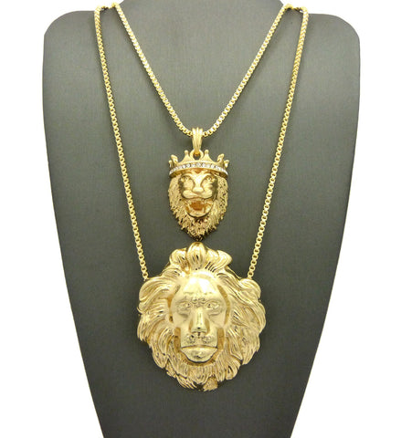 nyfashion101 Stone Stud Crown Lion & Fierce Lion Head Pendant Set w/ 2mm 24" & 30" Box Chain Necklaces in Gold-Tone