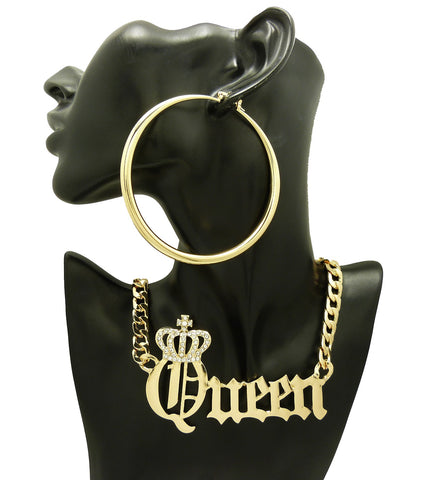 Nyfashion101 Stone Stud Crowned Queen Pendant Chain Necklace With Polished Hoop Earrings Jewelry Set