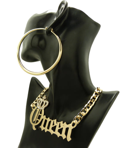 Nyfashion101 Stone Stud Crowned Queen Pendant Chain Necklace With Polished Hoop Earrings Jewelry Set