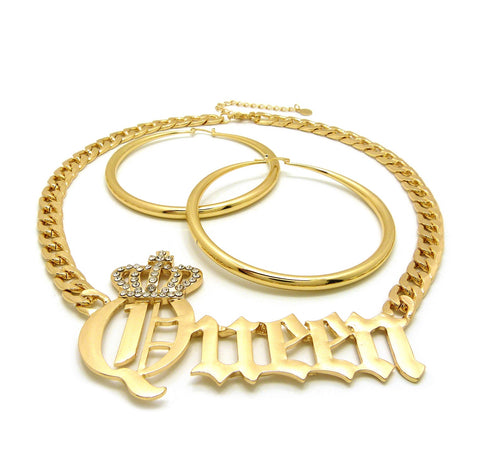 Nyfashion101 Stone Stud Crowned Queen Pendant Chain Necklace With Polished Hoop Earrings Jewelry Set