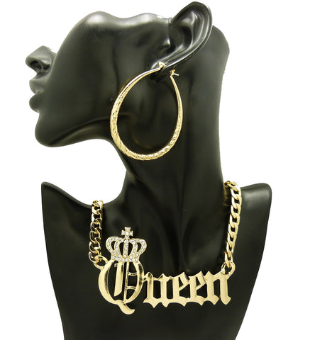 Nyfashion101 Stone Stud Crowned Queen Pendant Chain Necklace With Teardrop Hoop Earrings Jewelry Set