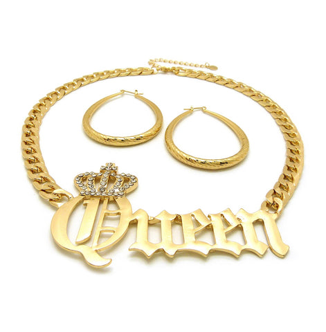 Nyfashion101 Stone Stud Crowned Queen Pendant Chain Necklace With Teardrop Hoop Earrings Jewelry Set