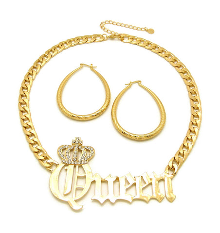 nyfashion101 Stone Stud Crowned Queen Pendant Chain Necklace with Teardrop Hoop Earrings Jewelry Set