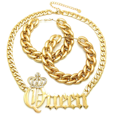 Nyfashion101 Stone Stud Crowned Queen Pendant Chain Necklace With Bamboo Style Hoop Earrings Jewelry Set