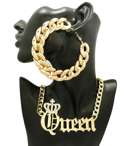 Nyfashion101 Stone Stud Crowned Queen Pendant Chain Necklace With Bamboo Style Hoop Earrings Jewelry Set