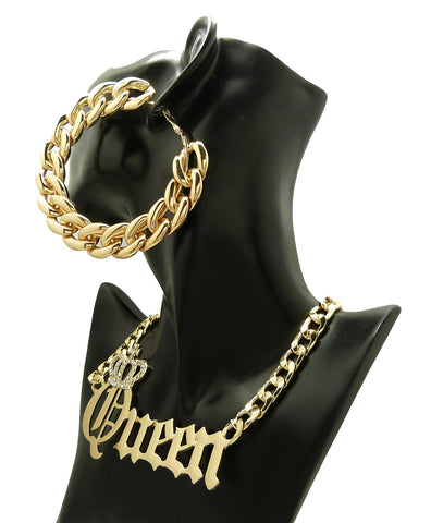 Nyfashion101 Stone Stud Crowned Queen Pendant Chain Necklace With Bamboo Style Hoop Earrings Jewelry Set