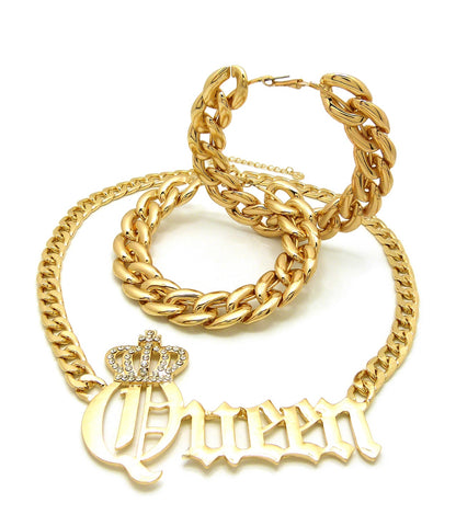 nyfashion101 Stone Stud Crowned Queen Pendant Chain Necklace with Bamboo Style Hoop Earrings Jewelry Set