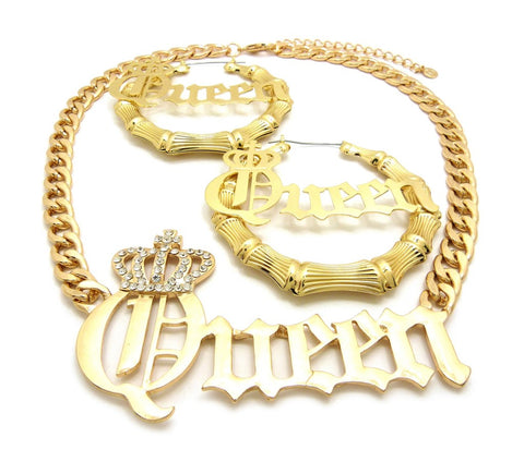 Nyfashion101 Stone Stud Crowned Queen Pendant Chain Necklace With Pincatch Earrings Jewelry Set