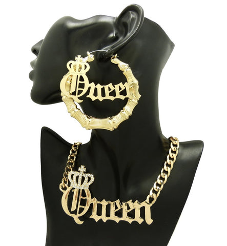 Nyfashion101 Stone Stud Crowned Queen Pendant Chain Necklace With Pincatch Earrings Jewelry Set