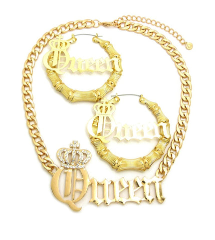 nyfashion101 Stone Stud Crowned Queen Pendant Chain Necklace with Pincatch Earrings Jewelry Set