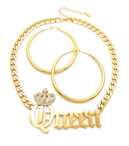 nyfashion101 Stone Stud Crowned Queen Pendant Chain Necklace with Polished Hoop Earrings Jewelry Set