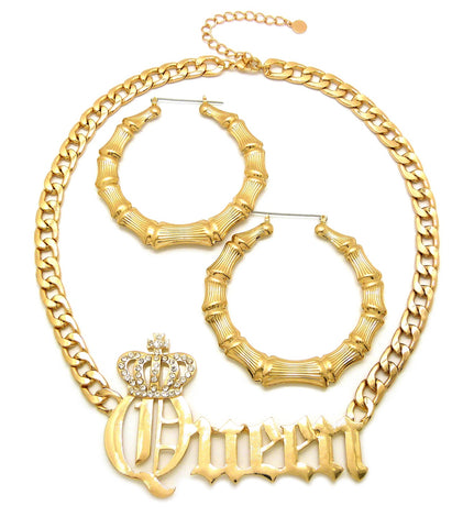 Nyfashion101 Stone Stud Crowned Queen Pendant Necklace With Bamboo Hoop Earrings Jewelry Set