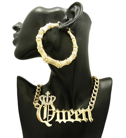 Nyfashion101 Stone Stud Crowned Queen Pendant Necklace With Bamboo Hoop Earrings Jewelry Set