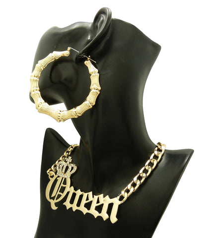 Nyfashion101 Stone Stud Crowned Queen Pendant Necklace With Bamboo Hoop Earrings Jewelry Set