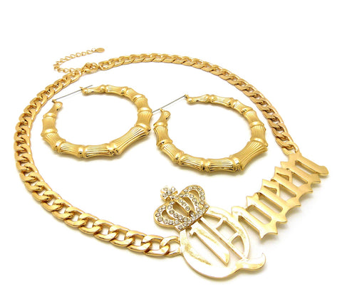 nyfashion101 Stone Stud Crowned Queen Pendant Necklace with Bamboo Hoop Earrings Jewelry Set