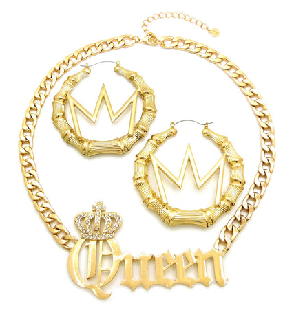 Nyfashion101 Stone Stud Crowned Queen Pendant Necklace With Crown Charm Bamboo Hoop Earrings Jewelry Set