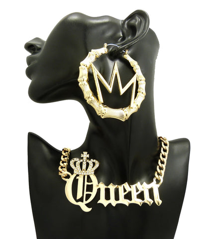 Nyfashion101 Stone Stud Crowned Queen Pendant Necklace With Crown Charm Bamboo Hoop Earrings Jewelry Set