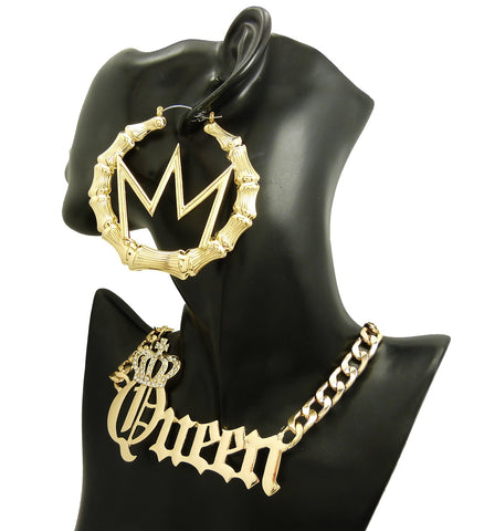 Nyfashion101 Stone Stud Crowned Queen Pendant Necklace With Crown Charm Bamboo Hoop Earrings Jewelry Set