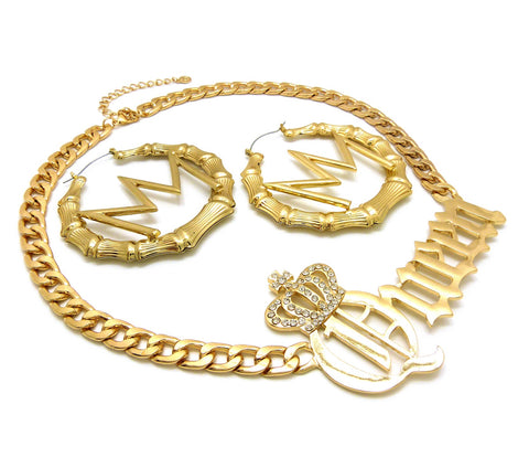 nyfashion101 Stone Stud Crowned Queen Pendant Necklace with Crown Charm Bamboo Hoop Earrings Jewelry Set