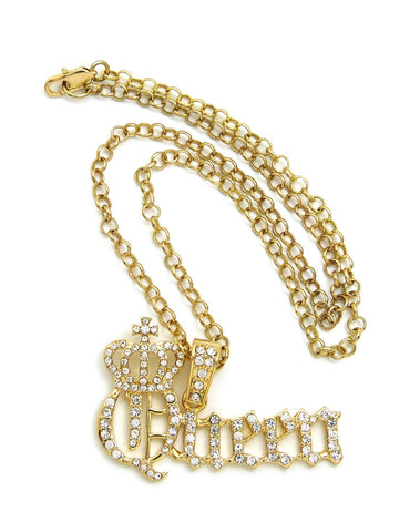nyfashion101 Stone Stud Crowned Queen Pendant with 4mm 18" Link Chain Necklace in Gold-Tone