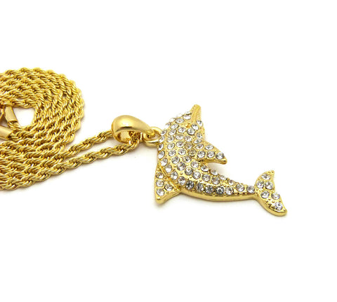 Nyfashion101 Stone Stud Diving Dolphin Pendant W/ Chain Necklace Gold-Tone
