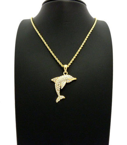 Nyfashion101 Stone Stud Diving Dolphin Pendant W/ Chain Necklace Gold-Tone