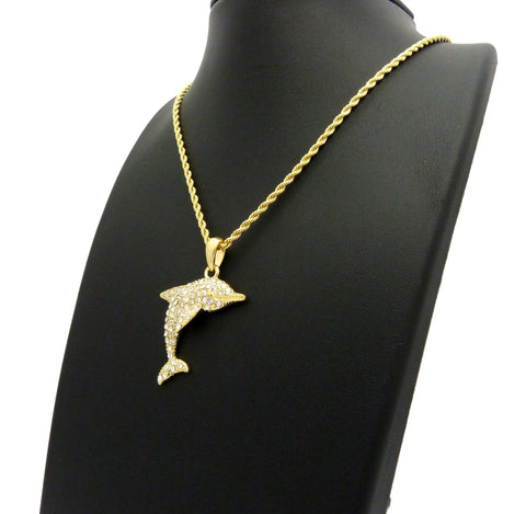Nyfashion101 Stone Stud Diving Dolphin Pendant W/ Chain Necklace Gold-Tone