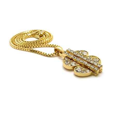 Nyfashion101 Stone Stud Dollar Sign Micro Pendant With 2mm 24" Box Chain Necklace Gold-Tone
