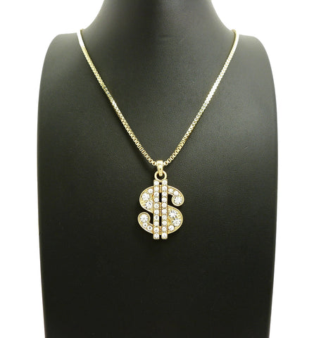 Nyfashion101 Stone Stud Dollar Sign Micro Pendant With 2mm 24" Box Chain Necklace Gold-Tone