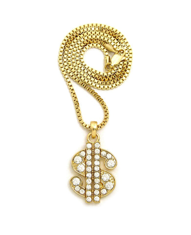 nyfashion101 Stone Stud Dollar Sign Micro Pendant with 2mm 24" Box Chain Necklace Gold-Tone