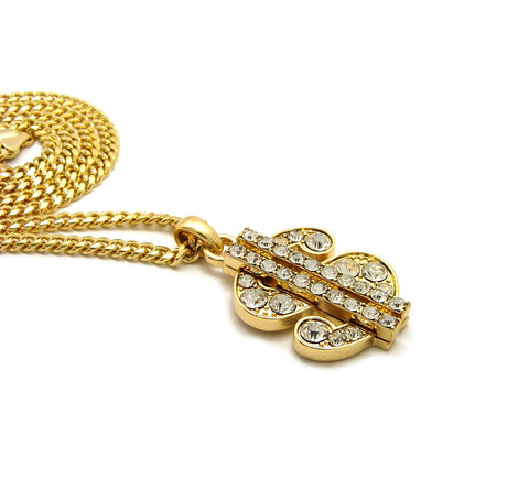 Nyfashion101 Stone Stud Dollar Sign Micro Pendant With 3mm 24" Cuban Chain Necklace Gold-Tone